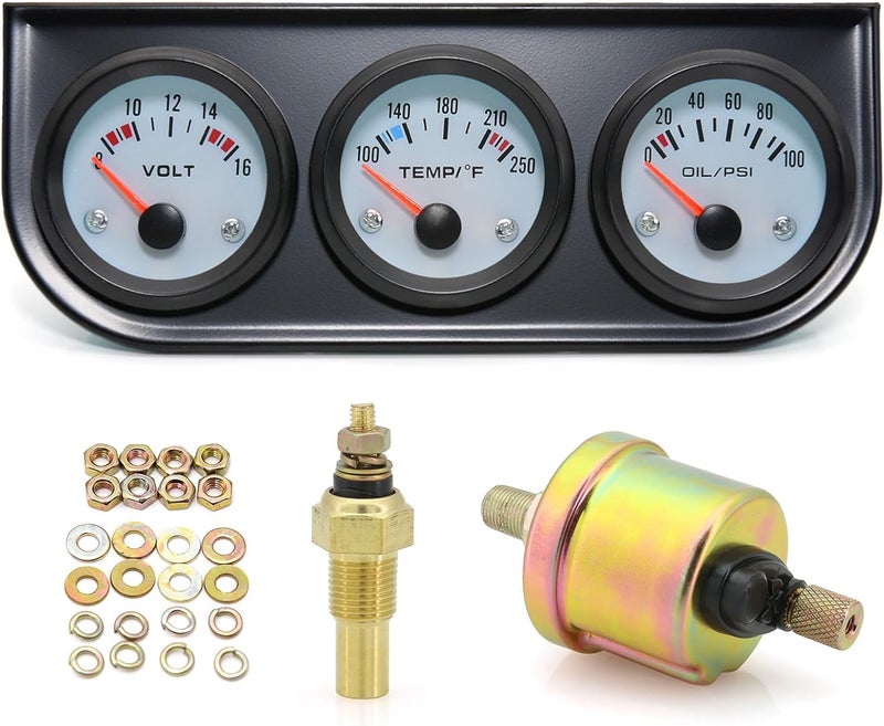 ARTILAURA 52mm Triple Gauge Set (Oil Pressure+Water Temp+Voltmeter) 3 in1 White Triple Meter Kit Dashboard with Black Console for 12V AUTO Car - Image 1
